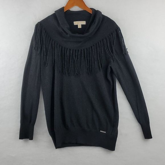MIchael Kors Shimmering Black Cowl Neck Sweater Fringes Size Large EUC - Picture 1 of 9